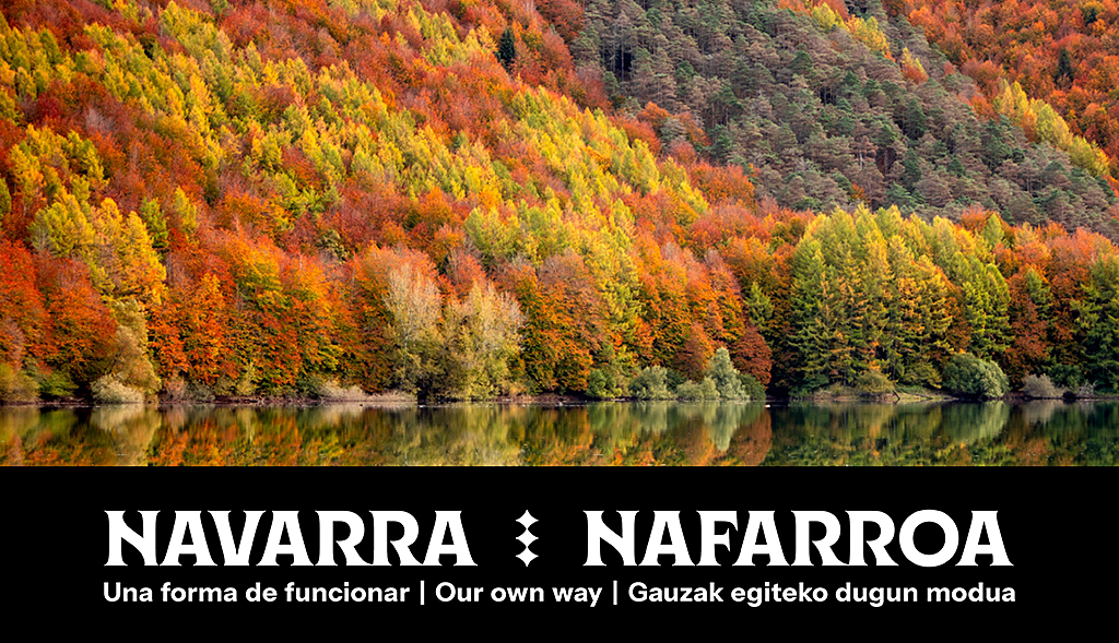 La Selva de Irati y, debajo, uno de los logotipos de Marca Navarra, con las palabras 'Navarra, Nafarroa, una forma de funcionar'